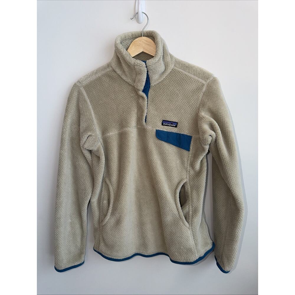 Patagonia Women's Re-Tool Snap-T Fleece Pullover Sweater Beige Teal Size Small